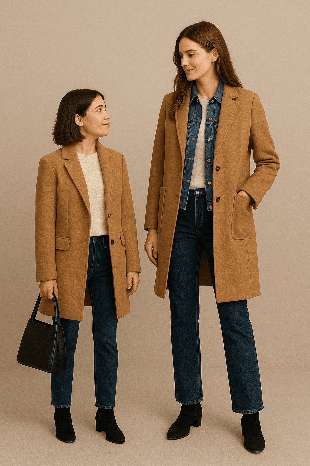 دو زن یکی قد بلند و یکی کوتاه تر با استایل اوور کت قهوه ای