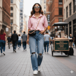 استایل تیشرت تنیسی یقه دار صورتی با شلوار جین و یک کیف رودوشی