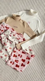 ست خانگی دخترانه یقه اسکی و شلوار دو مدل سفید و کرم